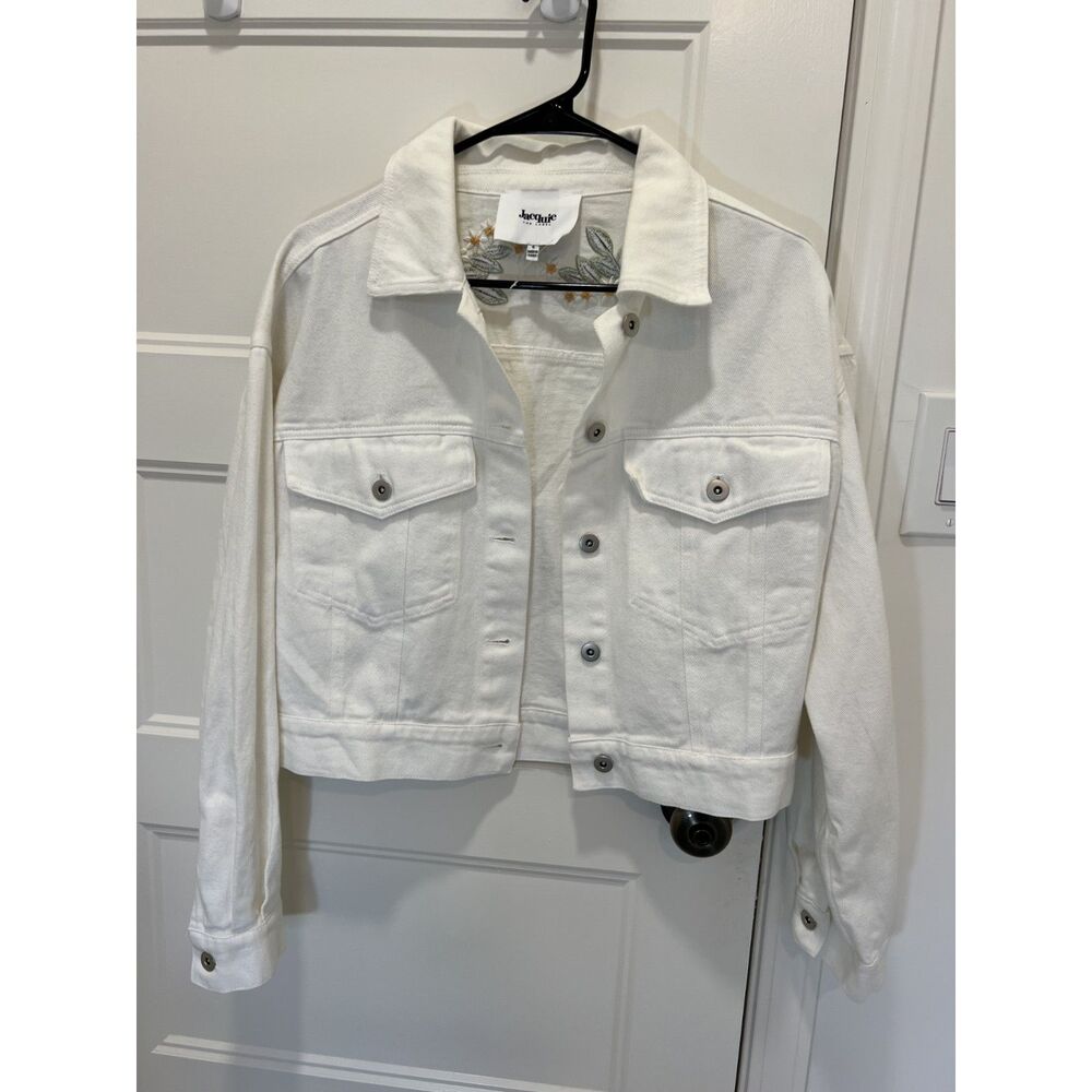 Jacquie The Label White Denim Jacket with Daisy Embroidery on Back